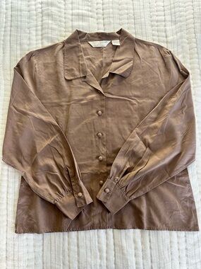 Peter Martin Vintage 100% Silk Brown Button-Front Blouse, Large